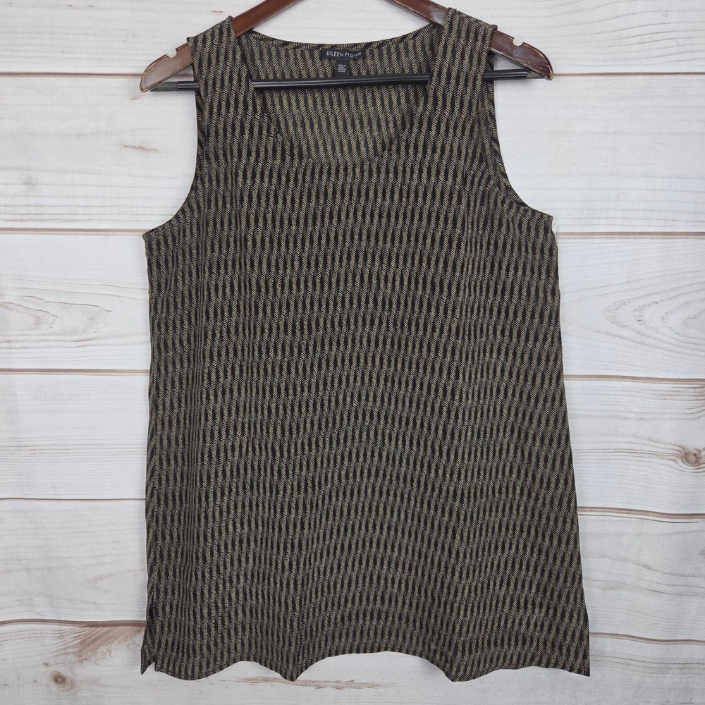 Eileen Fisher Shell Top Women S Black Gold Excellent Chevron Sleeveless Scoop